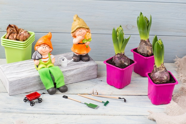 Cache-pots roses, gnomes et outils