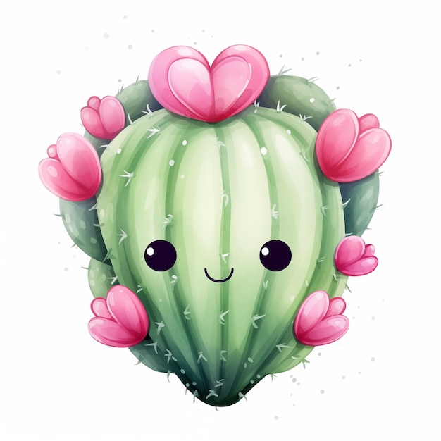 Cactus à l'aquarelle joyeux avec des fleurs roses en forme de cœur et un visage doux