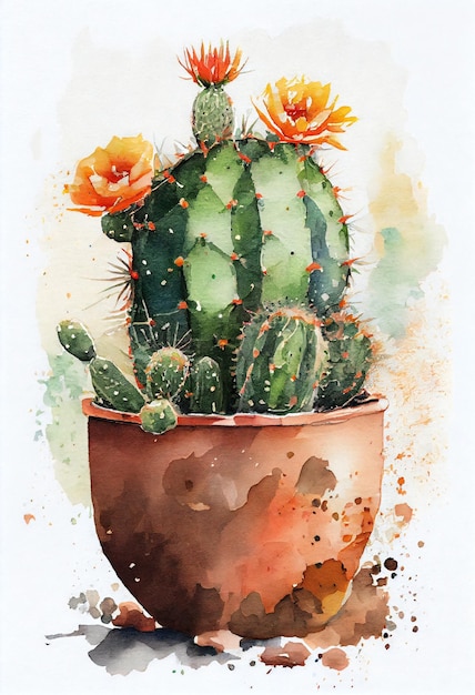 Cactus sur une aquarelle de pot