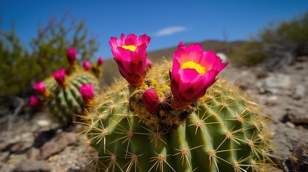 Un cactus avec un centre jaune et une fleur rose.