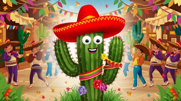 Cactus Cinco de Mayo portant un chapeau de sombrero isolé sur un fond blanc