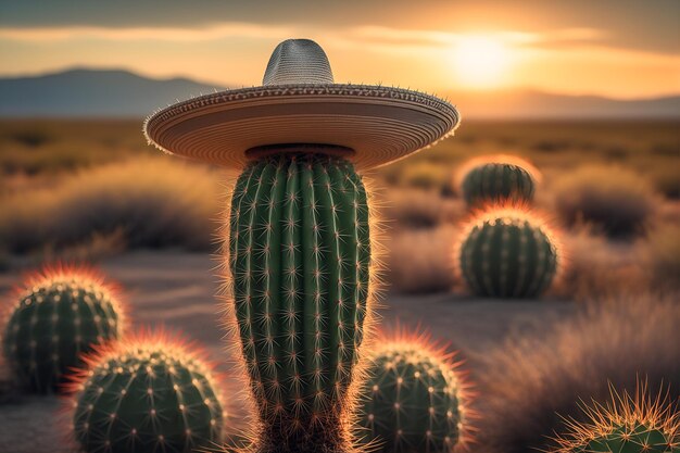 Photo un cactus dans un chapeau de sombrero mexicain se tient sur la prairie au coucher du soleil