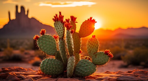 Un cactus dans le désert au coucher du soleil avec des montagnes