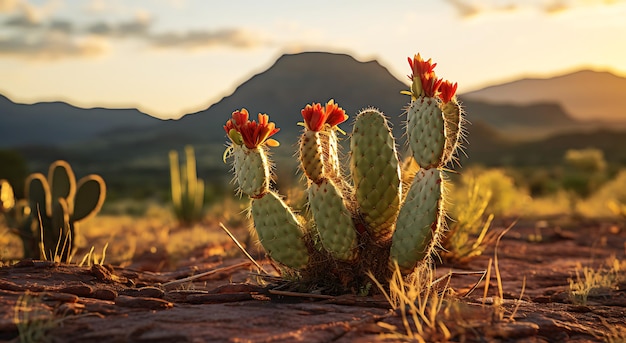 Un cactus dans le désert au coucher du soleil avec des montagnes