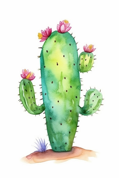 Un cactus dans le désert sur fond blanc enfants dessin animé style ai génératif