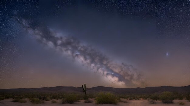 Cactus dans le désert la nuit avec étoiles et voie lactée