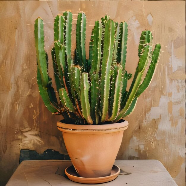 Cactus dans un pot sur le fond d'un mur brun