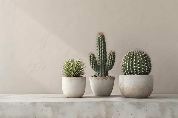 Des cactus dans des pots d'argile sur une étagère blanche contre un mur beige