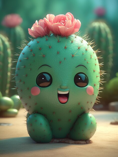 Cactus de dessin animé drôle mignon Illustration dans un style 3d AI générative