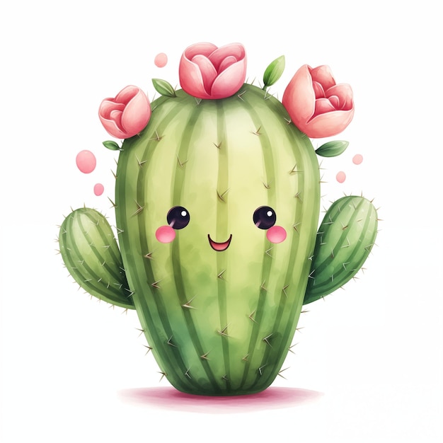 Photo un cactus de dessin animé avec des fleurs roses dessus