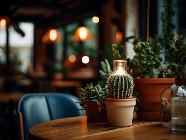 un cactus est assis sur une table avec d'autres plantes en arrière-plan