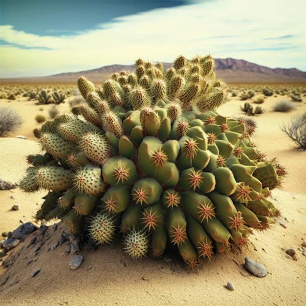 Photo un cactus est dans le désert avec des montagnes en arrière-plan.