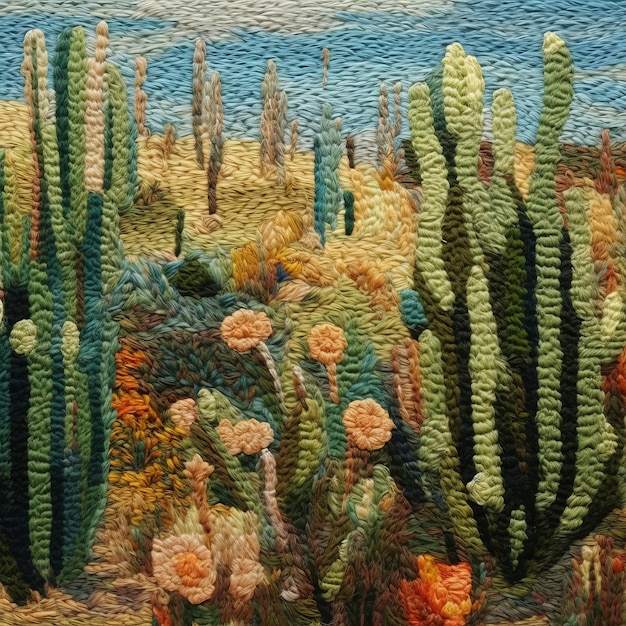 Le cactus fleurit avec le fil de laine coloré de Van Gogh, un mélange harmonieux de texture simple et de vibrant