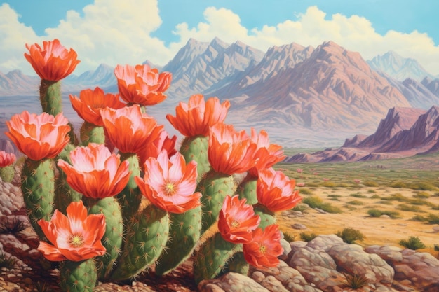 Cactus en fleurs avec une chaîne de montagnes en arrière-plan créée avec une IA générative