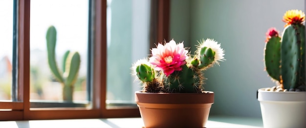 Des cactus en fleurs dans des pots près d'une fenêtre ensoleillée