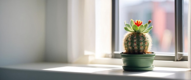 Des cactus en fleurs dans des pots près d'une fenêtre ensoleillée