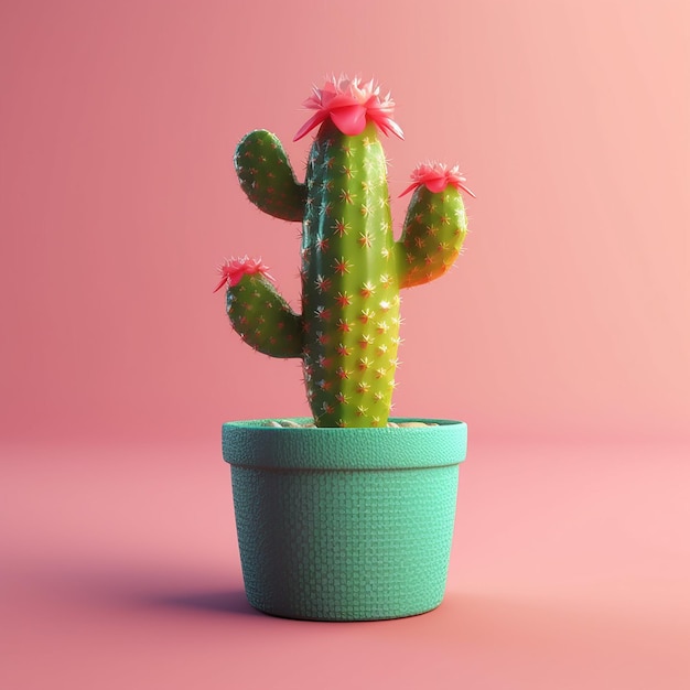 Un cactus à fleurs roses dans un pot sur fond rose.