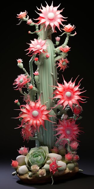 Photo un cactus avec des fleurs roses et un sommet vert