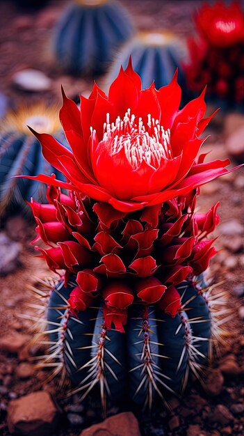 Photo un cactus avec des fleurs rouges et un caktus avec un cactos en arrière-plan