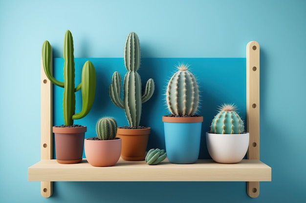 Cactus avec un fond bleu et une étagère en bois qui est un modèle vide pour un design