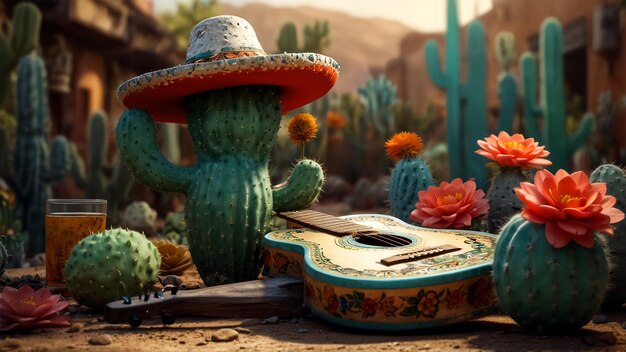 un cactus avec une guitare et un chapeau de cactus dessus