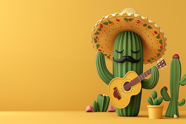 un cactus avec une guitare et un sombrero dessus