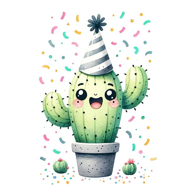 Photo un cactus joyeux avec un chapeau de fête et des confettis