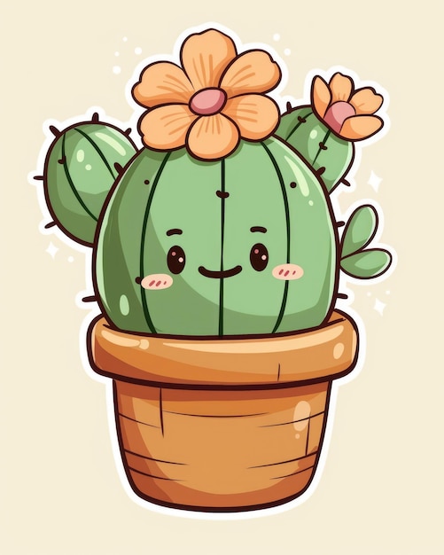 Photo cactus kawaii sucré et mignon avec une fleur adorable dans un pot design d'illustration de dessin animé
