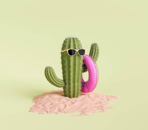 Un cactus avec des lunettes de soleil et un anneau de natation sur le sable