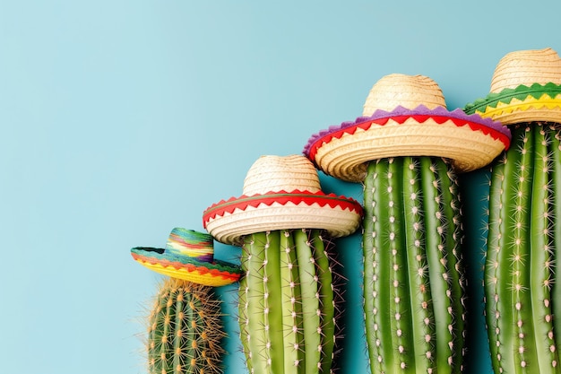 Des cactus mignons dans des chapeaux mexicains sur fond bleu