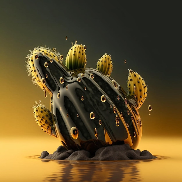 Un cactus avec de nombreuses petites feuilles rondes et un fond noir.