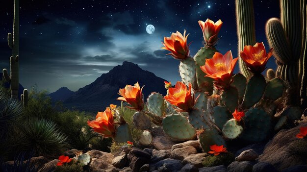 Cactus avec une pleine lune en arrière-plan