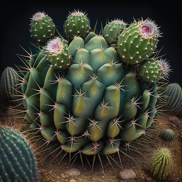 Un cactus avec une pointe rouge est entouré d'autres cactus.