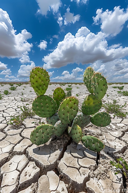 Le cactus à poires épineuses pousse dans le désert fissuré.