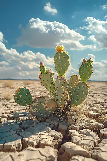 Le cactus à poires épineuses pousse dans le désert fissuré.