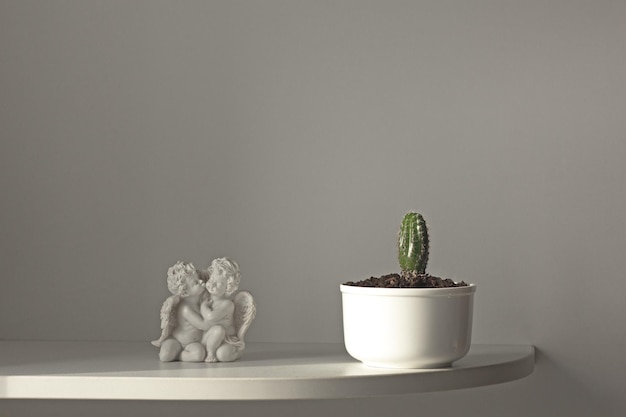 Cactus en pot blanc et statue d'anges sur une étagère blanche