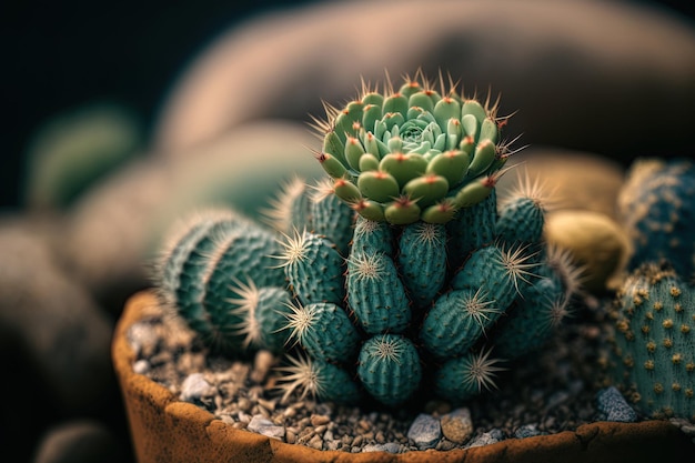 Cactus sur un pot de fleurs avec une pierre vivante dans le jardin à effet de serre