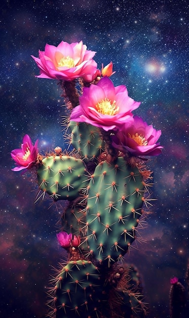 Cactus rose en fleurs dans un ciel nocturne coloré ai générative