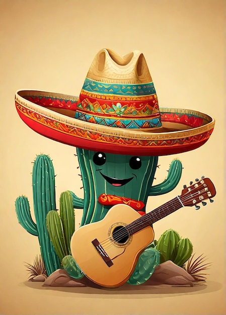 Cactus avec sombrero et guitare sur un fond grunge