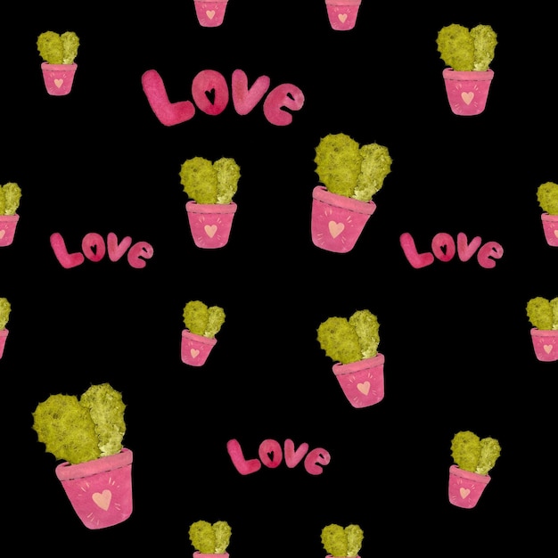 Cactus vert dans un pot rose avec un motif sans couture aquarelle coeur et mot amour. Sur noir.