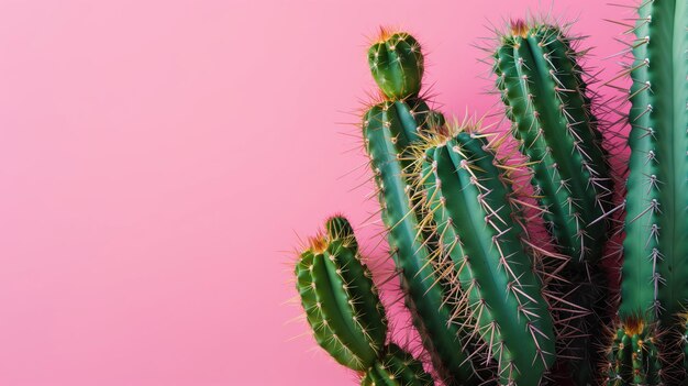 Cactus verts avec des épines acérées sur fond rose tendre