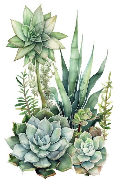 Cactus verts et plantes grasses Composition aquarelle sur fond blanc