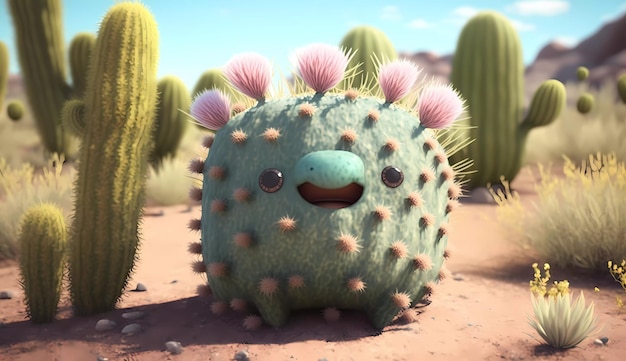 Un cactus avec un visage bleu et un cactus vert au sol.