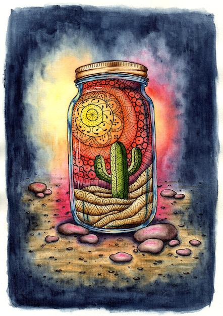 Cactus Zentang dans une aquarelle de pot