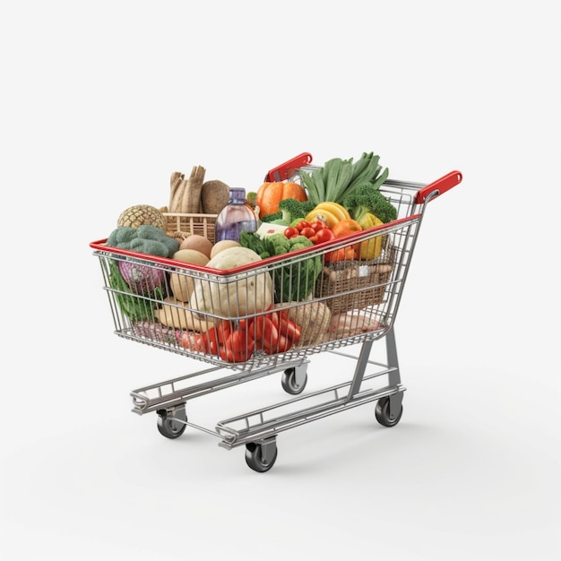 Un caddie contenant une grande quantité de légumes.