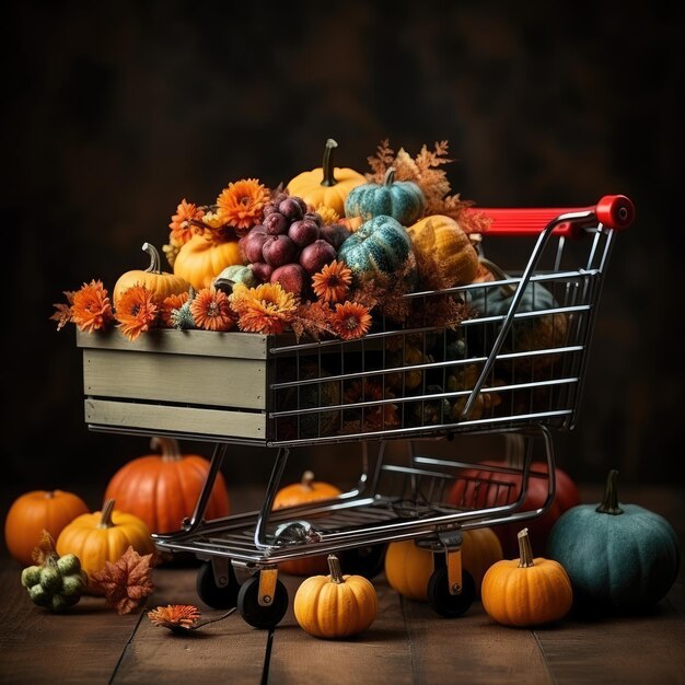 un caddie rempli de citrouilles et de courges.