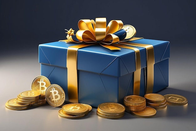 Cadeau 3D avec des pièces d'or Le concept d'un tirage au sort ou d'un bonus de crypto-monnaie