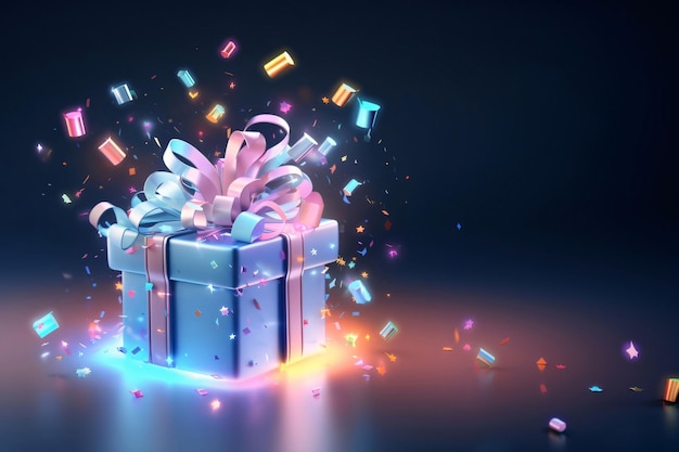 Cadeau bleu avec un arc-en-ciel rose brillant et des confettis volants sur un fond sombre Cadeaux comme un symbole de présent et d'amour