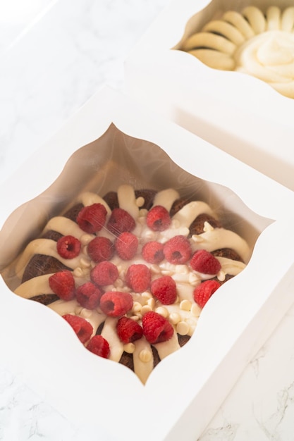 Cadeau de délice au chocolat blanc et au gâteau aux framboises