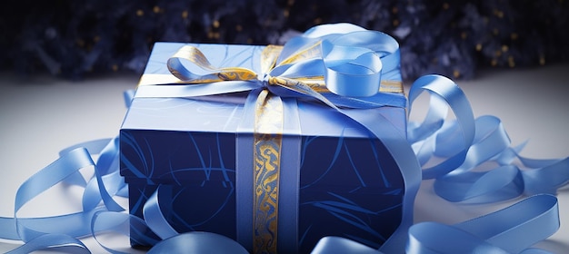 cadeau d'élégance ruban texturé bleu et or sur une boîte carrée couchée